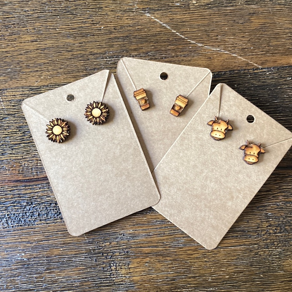 Set of 3 homemade wood earrings cows coffee flowers